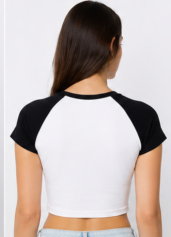 Women's Cute Bear Graphic Crop Tee – Contrast Raglan Style
