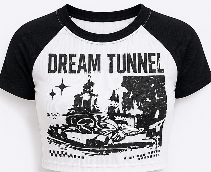 Black and white baseball shirt with 'Dream Tunnel' graphic design on a white background
