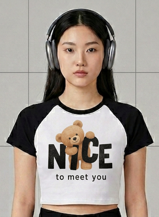 Women's Nice to Meet You Graphic Crop Top | Cute Teddy Bear Tee