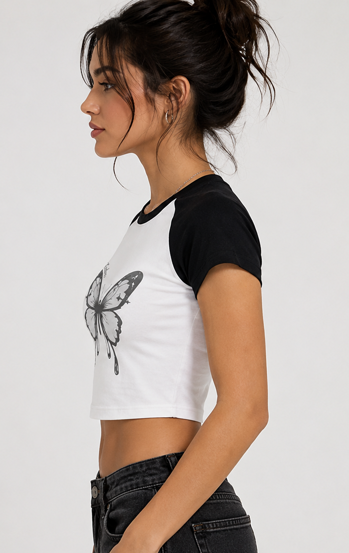 Woman's Vintage Vibe Butterfly Tee | Dreamy Butterfly Contrast Crop