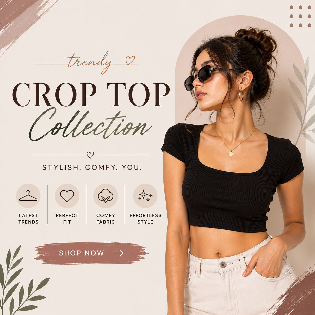 Trendy Crop Top Collection promotional banner featuring a woman modeling a short-sleeved black ribbed crop top, sunglasses, and white jeans.