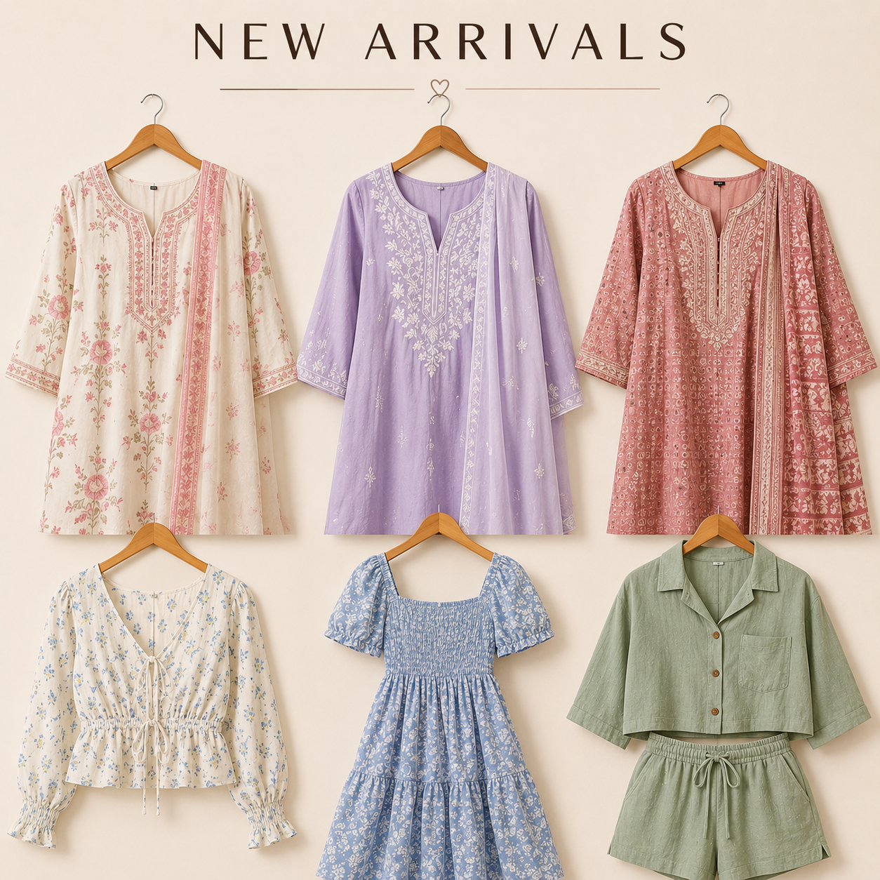 Vaishanvi Enterprises New Arrivals collection banner featuring traditional ethnic wear kurtis and trendy western outfits on a beige background.