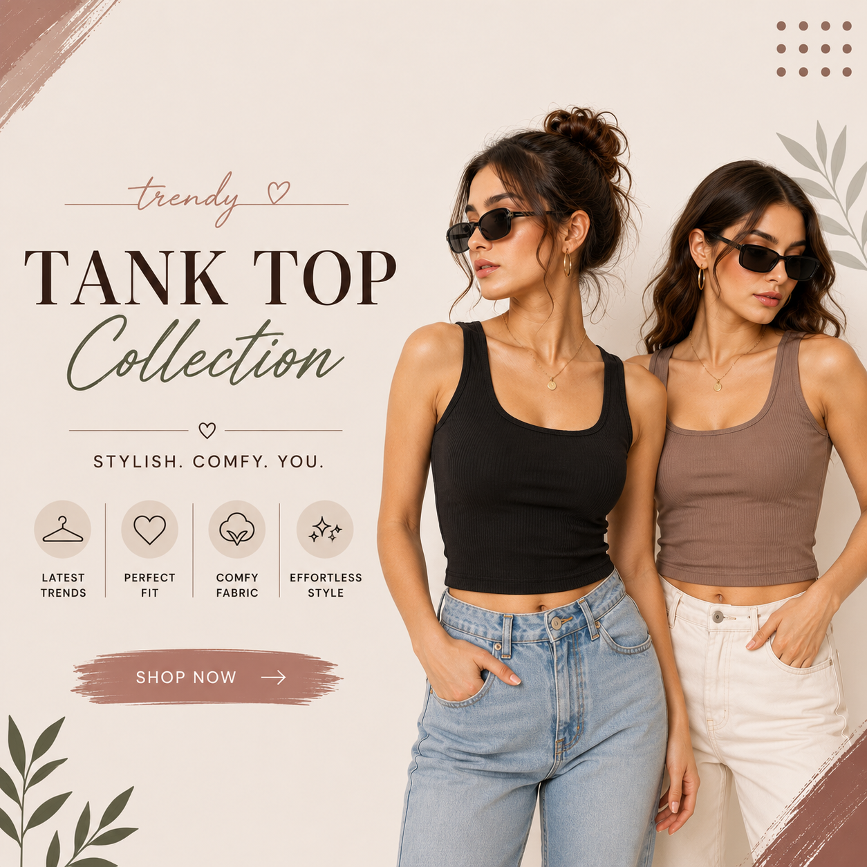 Vaishanvi Enterprises banner for Trendy Tank Top Collection featuring the subtext Stylish, Comfy, You and a Shop Now button.