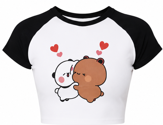 Women's Cute Bear Graphic Crop Tee – Contrast Raglan Style