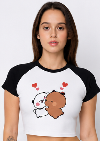 Women's Cute Bear Graphic Crop Tee – Contrast Raglan Style