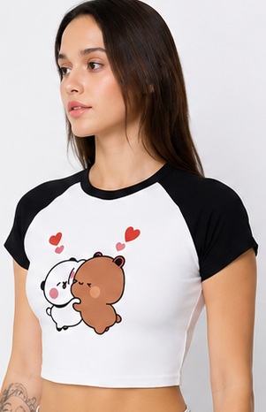 Women's Cute Bear Graphic Crop Tee – Contrast Raglan Style