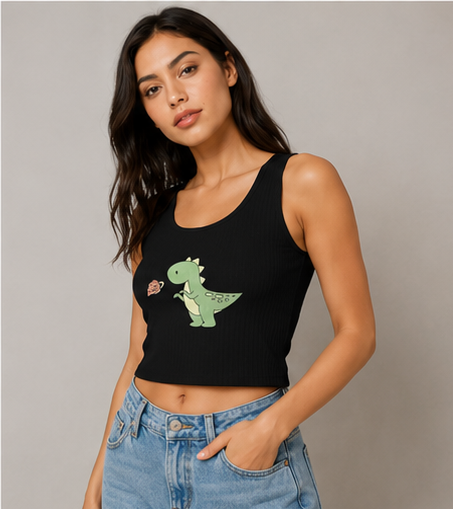 Woman wearing a black tank top with a green dinosaur design on a gray background