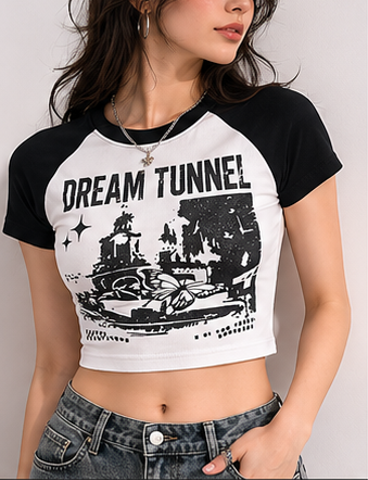 Person wearing a crop top with 'Dream Tunnel' design on a plain background