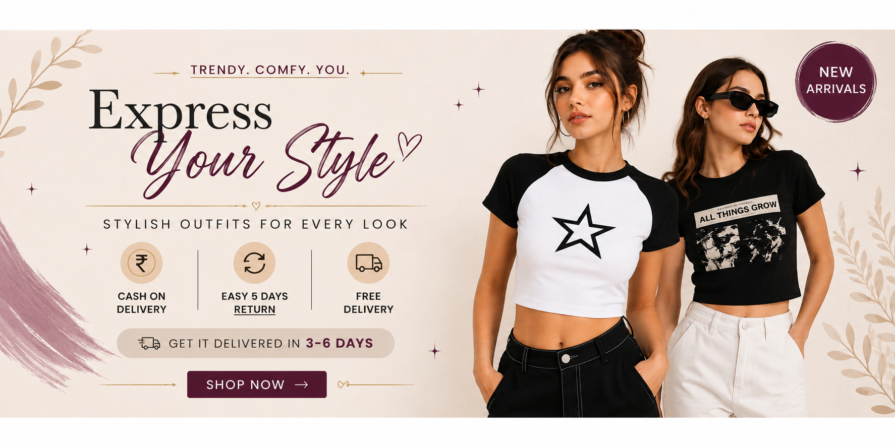 Two women wearing black and white t-shirts with Express advertisement on a beige background