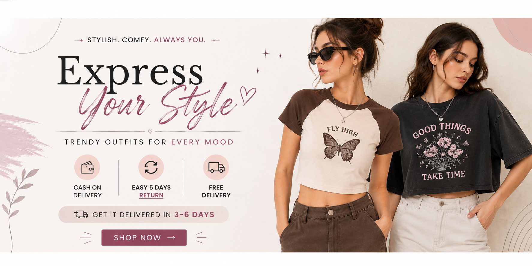 Two women wearing Express t-shirts with text and graphics promoting the brand's style and delivery services.