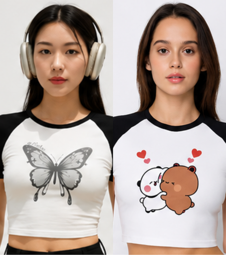 Woman's Love-Struck Bear Crop and Aura Butterfly Ribbed Top | Pack of 2