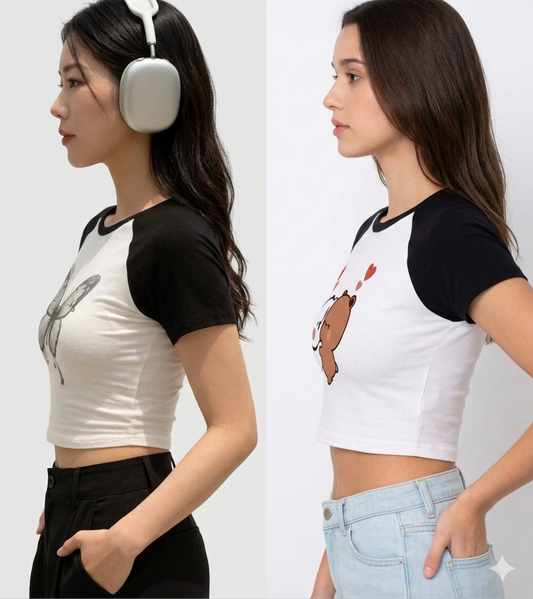 Woman's Love-Struck Bear Crop and Aura Butterfly Ribbed Top | Pack of 2