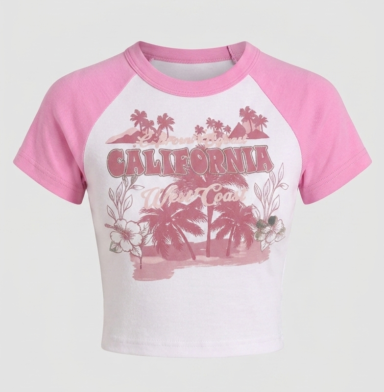 Woman's Crop Top California West Coast Raglan Baby Tee | Pink Coastline Raglan Graphic Tee