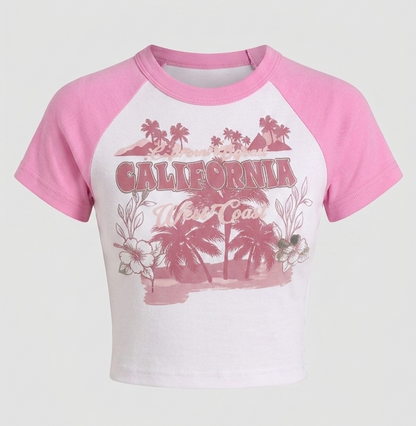 Woman's Crop Top California West Coast Raglan Baby Tee | Pink Coastline Raglan Graphic Tee
