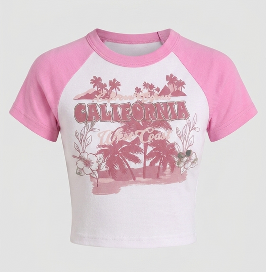 Woman's Crop Top California West Coast Raglan Baby Tee | Pink Coastline Raglan Graphic Tee
