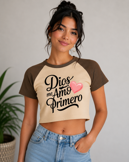 Woman's Trending Crop Top "Dios me Amo Primero" Faith-Inspired Raglan Baby Tee