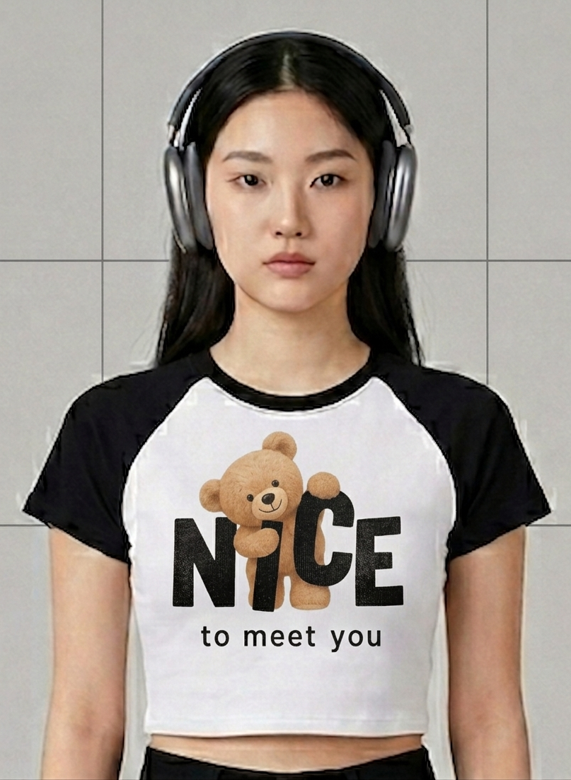 Women's Nice to Meet You Graphic Crop Top | Cute Teddy Bear Tee