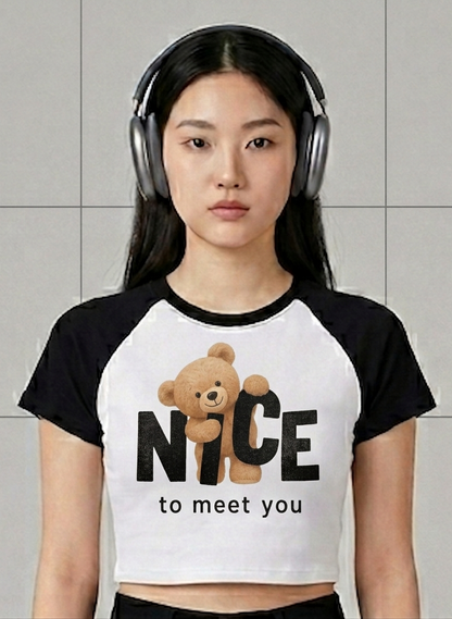 Women's Nice to Meet You Graphic Crop Top | Cute Teddy Bear Tee