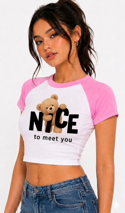 Women's Nice to Meet You Graphic Crop Top | Cute Teddy Bear Tee
