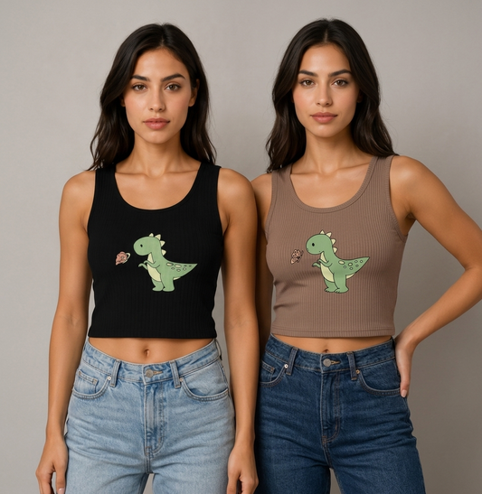 Woman's Set of Two Dino Printed Crop Top Black & Brown | Pack of 2
