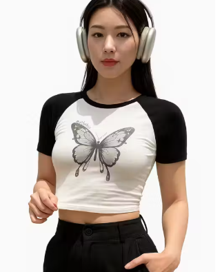 Woman's Vintage Vibe Butterfly Tee | Dreamy Butterfly Contrast Crop