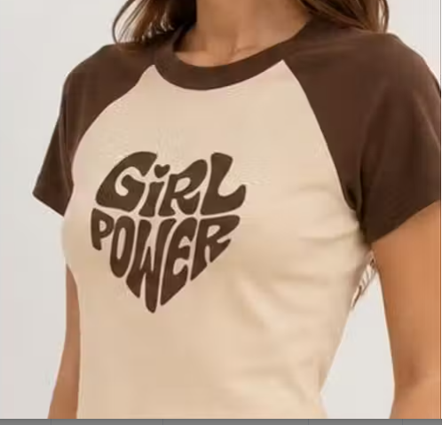 Beige and brown baseball shirt with 'Girl Power' text on a plain background
